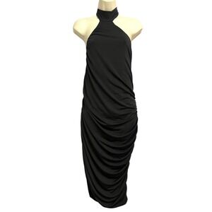 Grace Karin Halter Dress XL Black Ruched Backless Draped Midi LBD Minimalist